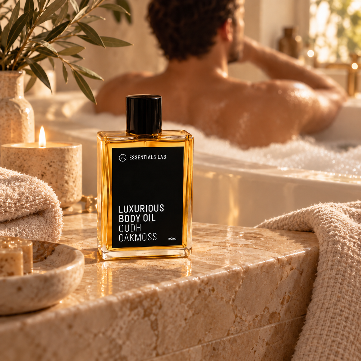 Oudh & Oakmoss natural botanical body oil added to bath