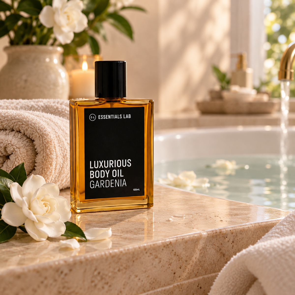 Gardenia Botanical Body Oil added to warm bath | The Essentials Lab