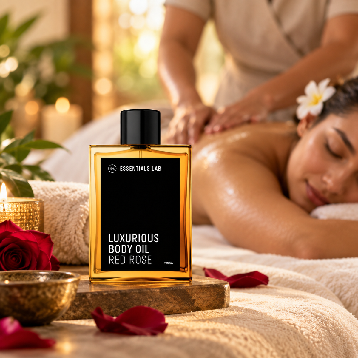 Red Rose body oil used during a relaxing body massage