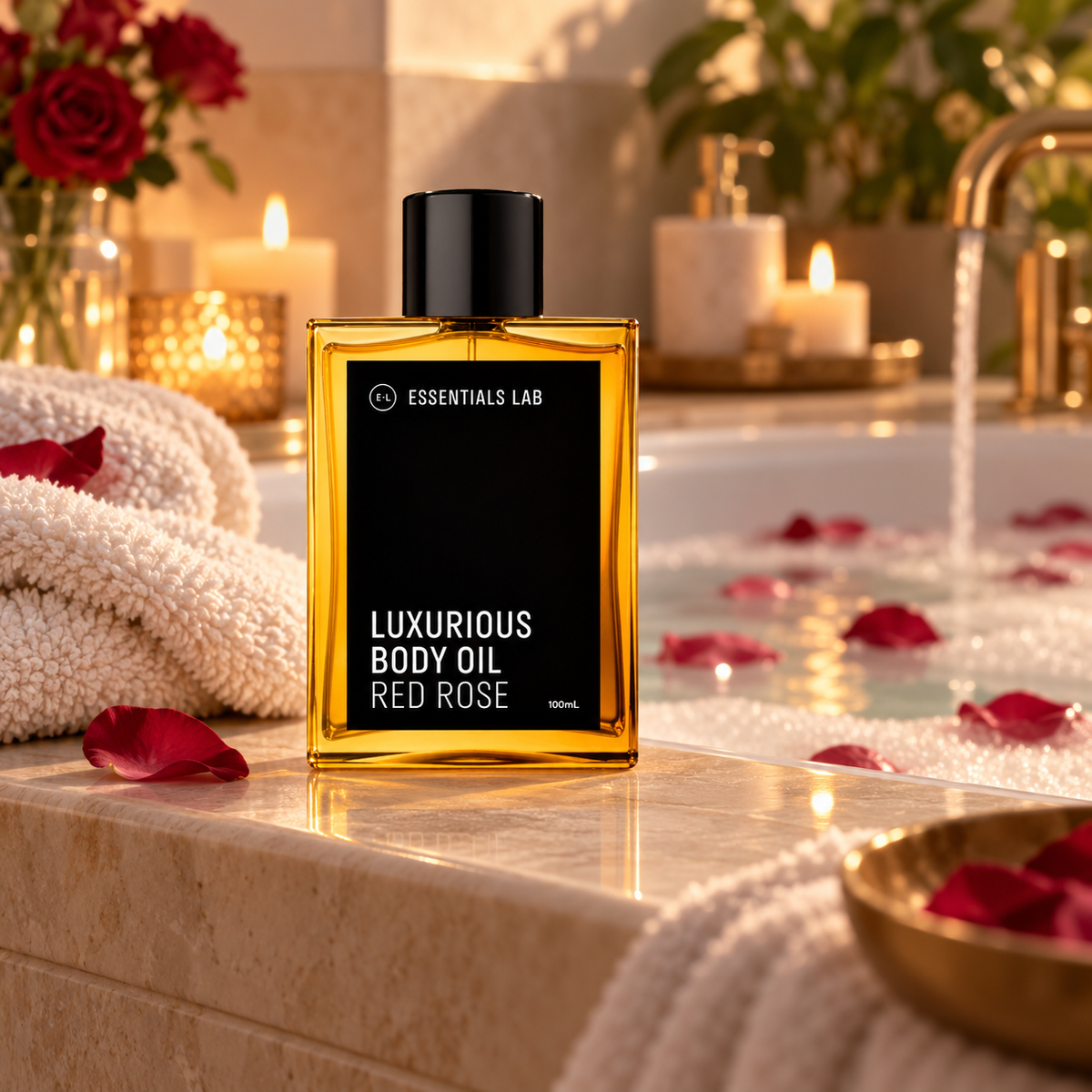 Red Rose body oil beside a warm bath with rose petals 