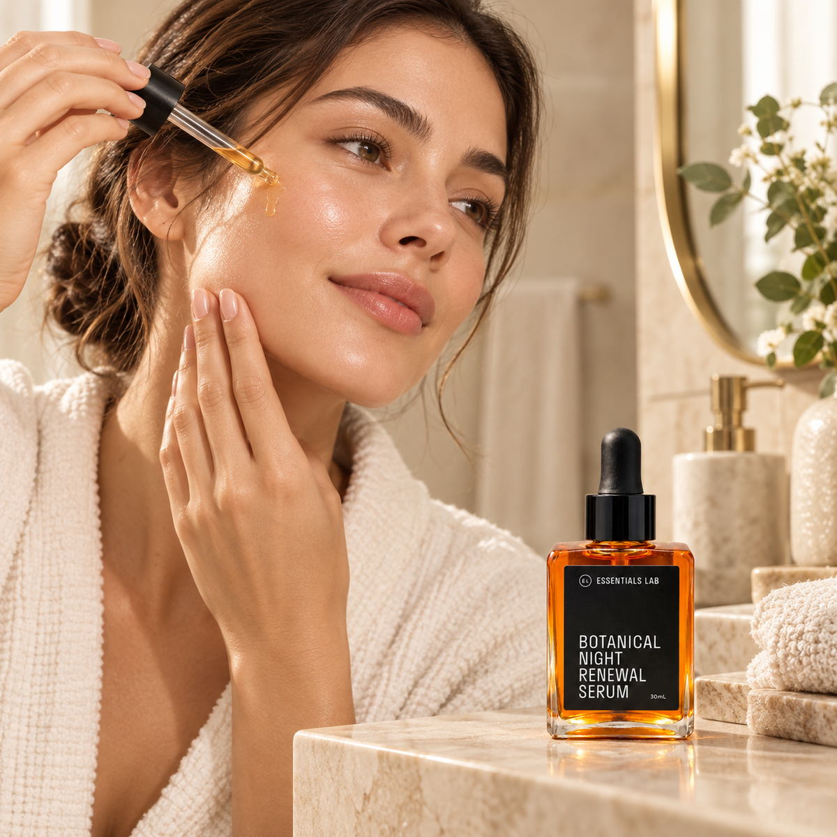 Woman applying Botanical Night Renewal Serum with a dropper applicator. Bottle sitting on a marble bench