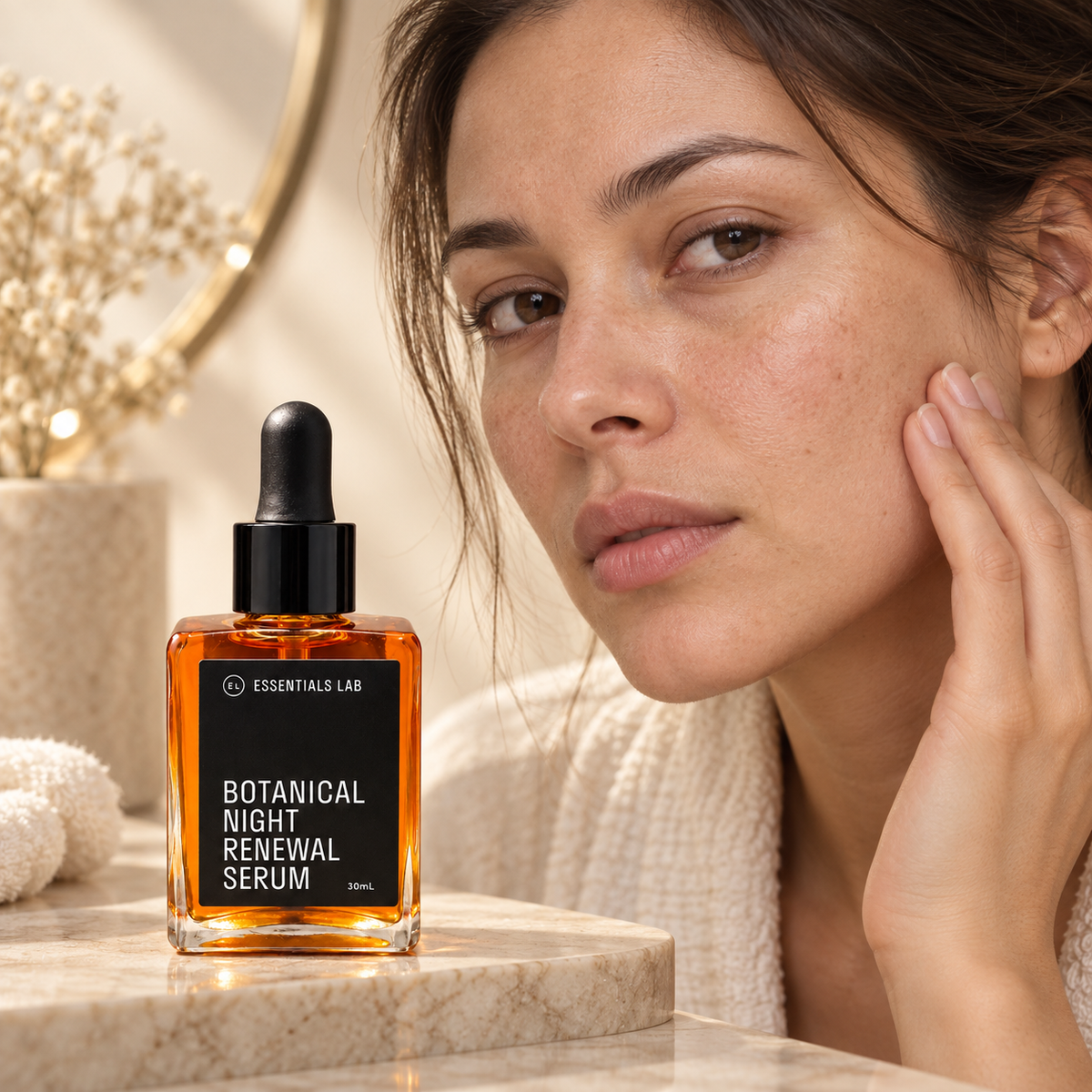 Woman after using botanical night renewal serum showing natural skin texture
