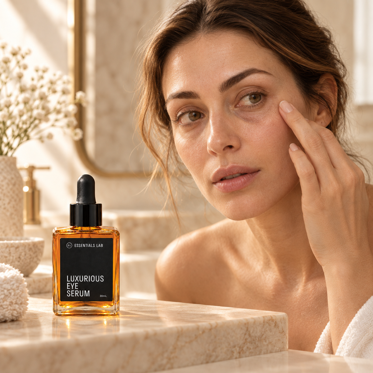 Woman massaging luxurious eye serum to the under-eye area