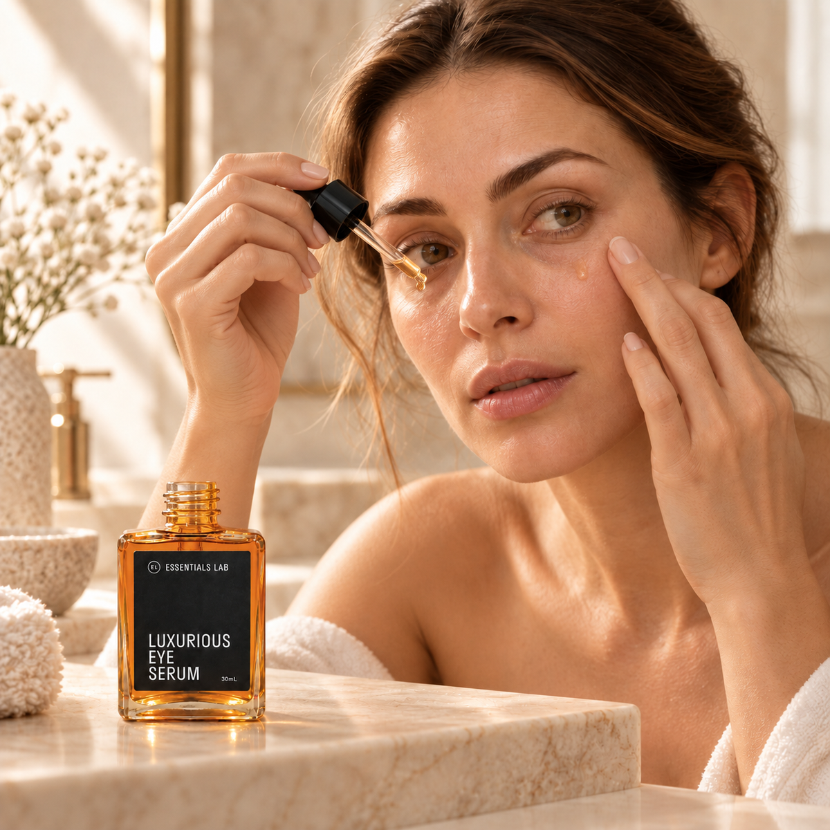 Woman applying Luxurious Eye Serum around the under-eye area with a dropper