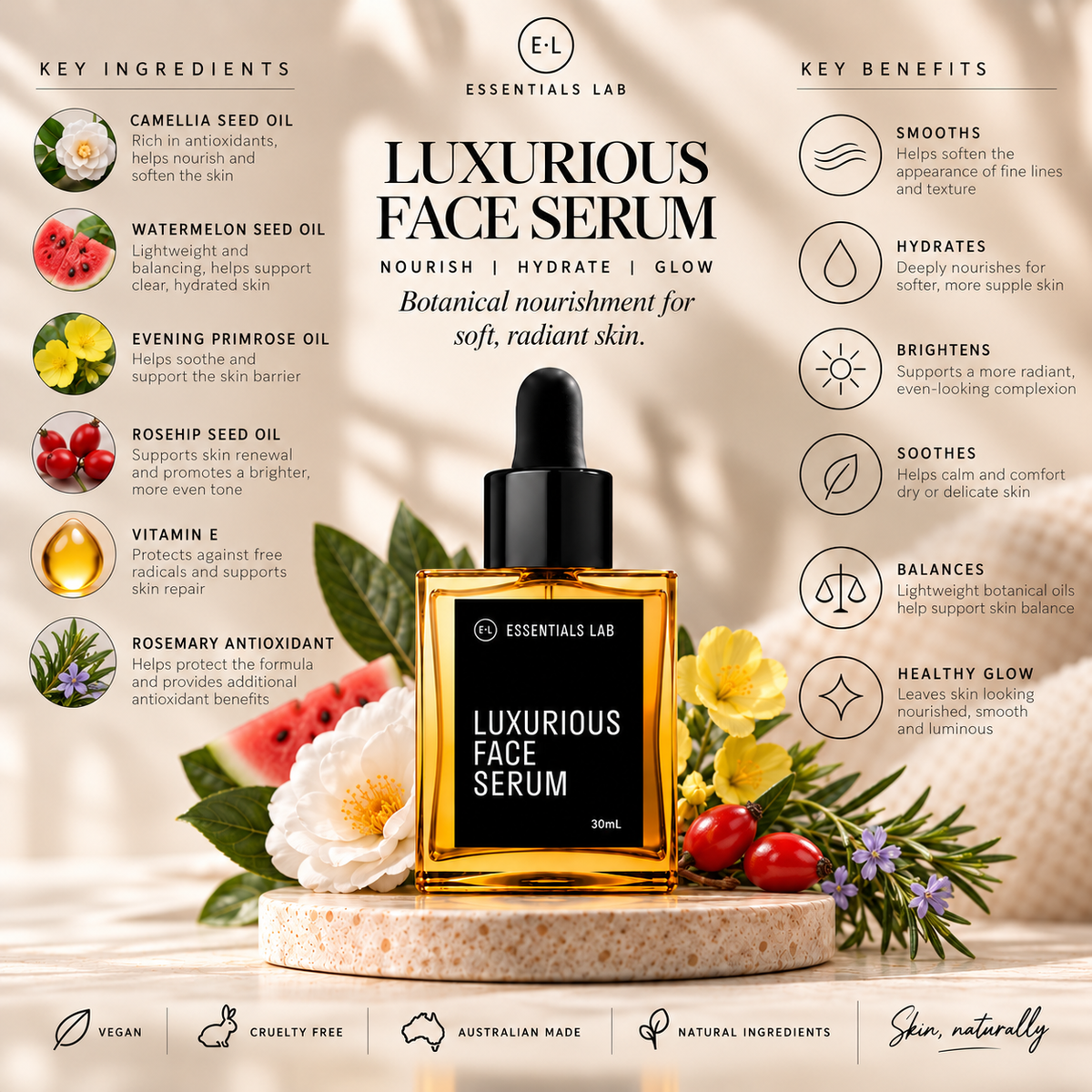 Luxurious face serum by The Essentials Lab, ingredients, ingredients benefits, set on stone display surrounded by natural plant additives. 